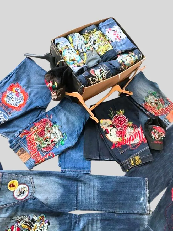 BUNDLE OF 15 CRAZY VINTAGE ED HARDY EMBROIDERED DENIM